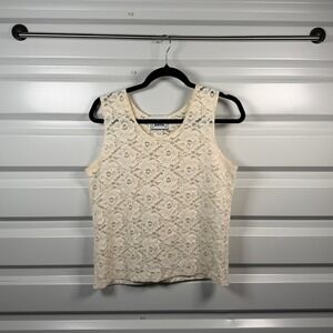 Basil Vintage 90s Floral Lace Tank Top Cream Ivory Scoop Neck Sleeveless Medium